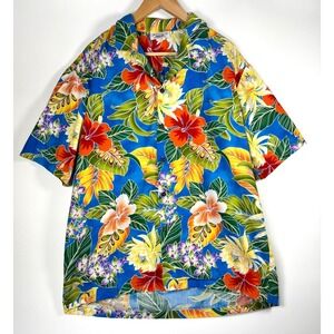 Pacific Legend Hawaiian Shirt Mens XL Blue Floral Hibiscus Aloha Cotton USA Made